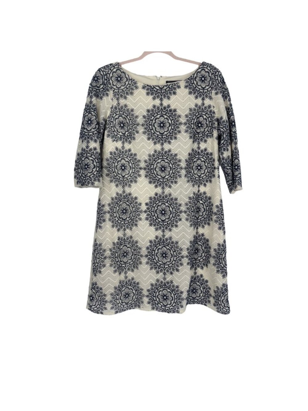 Jessica Howard Shift Dress 12P Navy Cream Medallion Chevron Lace Retro Preppy